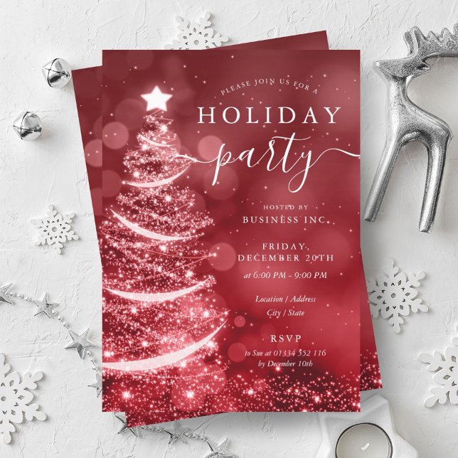 Elegant Red Silver Julgran Company Helgdag Inbjudningar (Elegant Red Silver Christmas Tree Company Holiday Invitation)