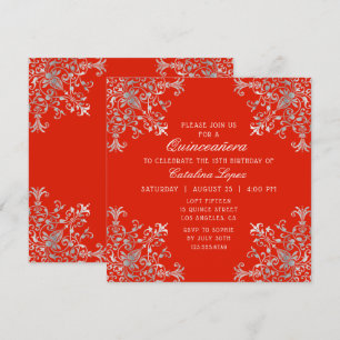 Elegant Red Silver Ornate Blommigt Quinceañera Inbjudningar
