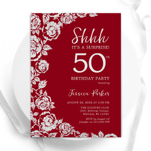 Elegant Red Silver Ro Surprise 50:e födelsedagen Inbjudningar