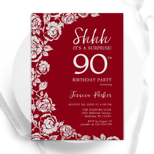 Elegant Red Silver Ro Surprise 90:e födelsedag Inbjudningar