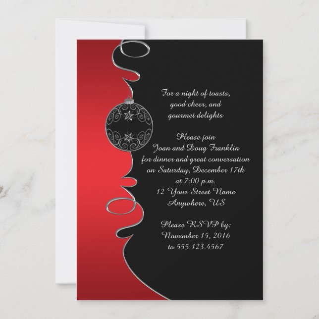 Elegant Red Silver Swirls Black jul Party Inbjudningar (Framsida)