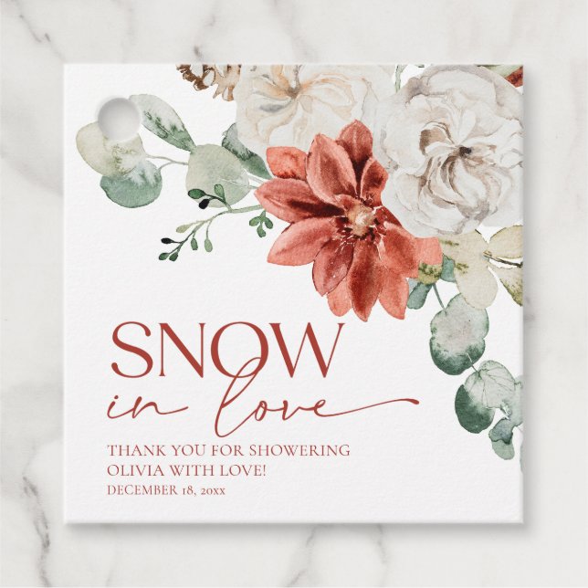 Elegant Red Snö i Kärlek Winter Möhippa Gåvor Etiketter (Framsida)