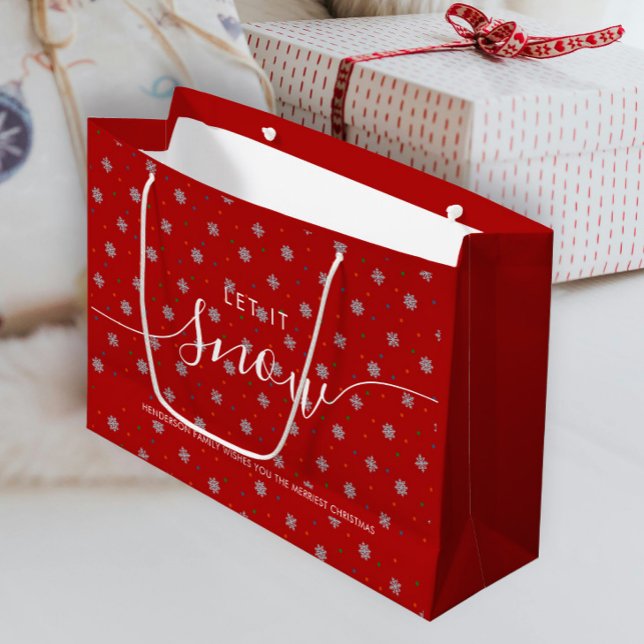 Elegant Red snöflingor och punkter anpassningsbar (Elegant red personalized gift bag with snowflakes and custom greeting and text)