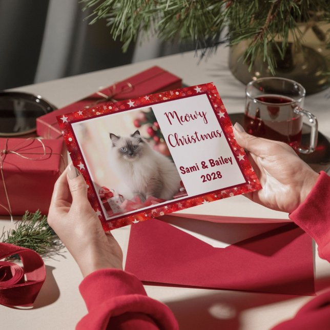 Elegant Red Stars Helgdag Photo Julkort (Elegant Red Holiday Photo Personalized Card)