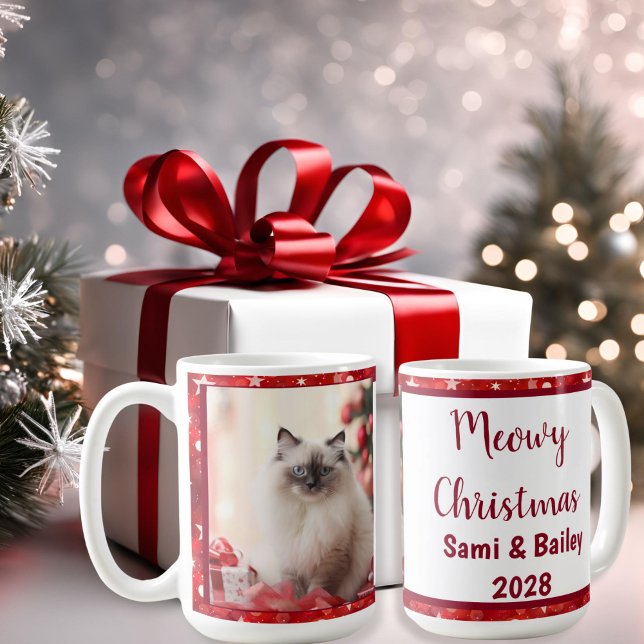 Elegant Red Stars Helgdag Photo Kaffemugg (Red & White Stars Christmas Photo Coffee Mug)