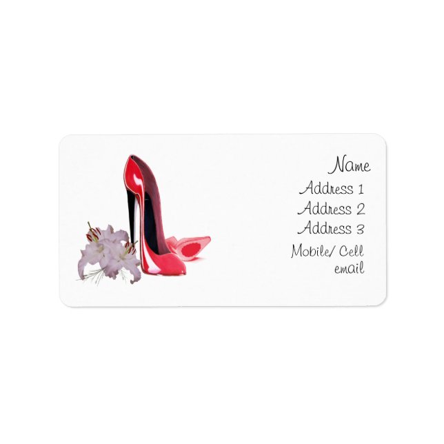 Elegant Red Stiletto Shoes and Lilies Label Adressetikett (Framsidan)
