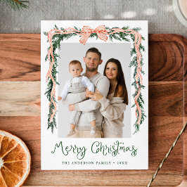 Elegant Red Stripe Bow Greenery 4 Photo Julkort