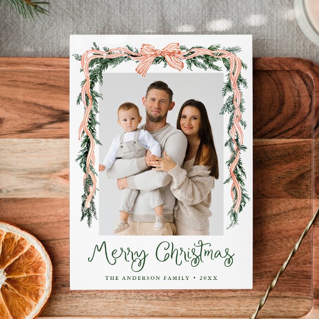 Elegant Red Stripe Bow Greenery 4 Photo Julkort (Skapare uppladdad)