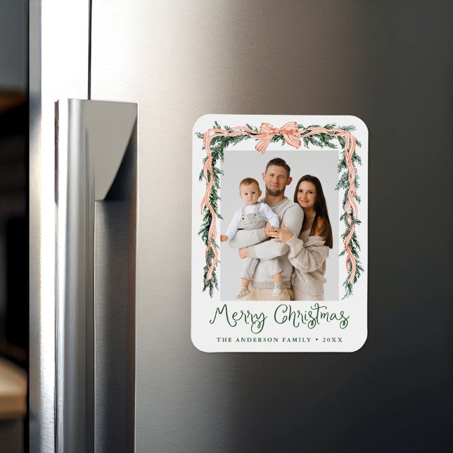 Elegant Red Stripe Bow Greenery Helgdag Photo Magnet (Skapare uppladdad)