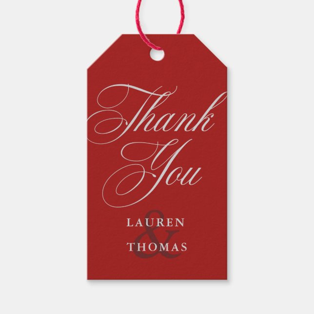 Elegant Red Tack med Silver Calligraphy Text Presentetikett (Framsidan)