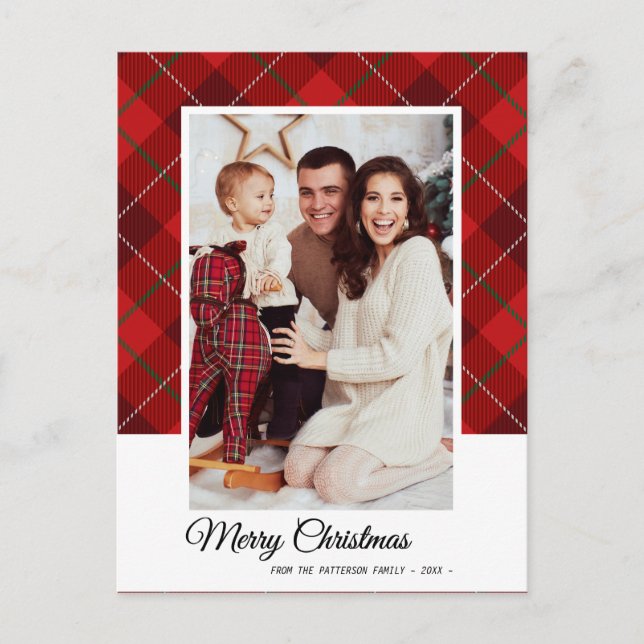 Elegant Red Tartan God jul Family Photo Vykort (Framsida)