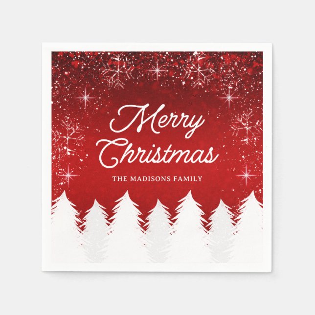 Elegant Red | Träd och Snöflingor Jul Party Pappersservett (Framsidan)