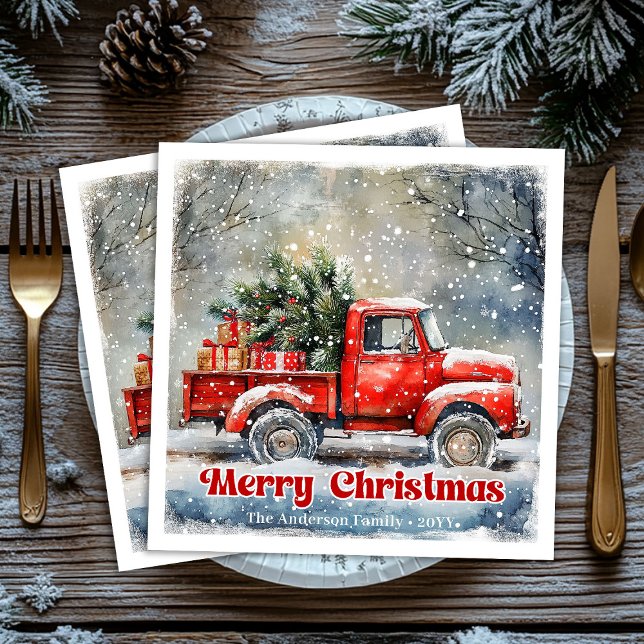 Elegant red truck Christmas scene party napkins Pappersservett (Elegant red truck Christmas scene party napkins)