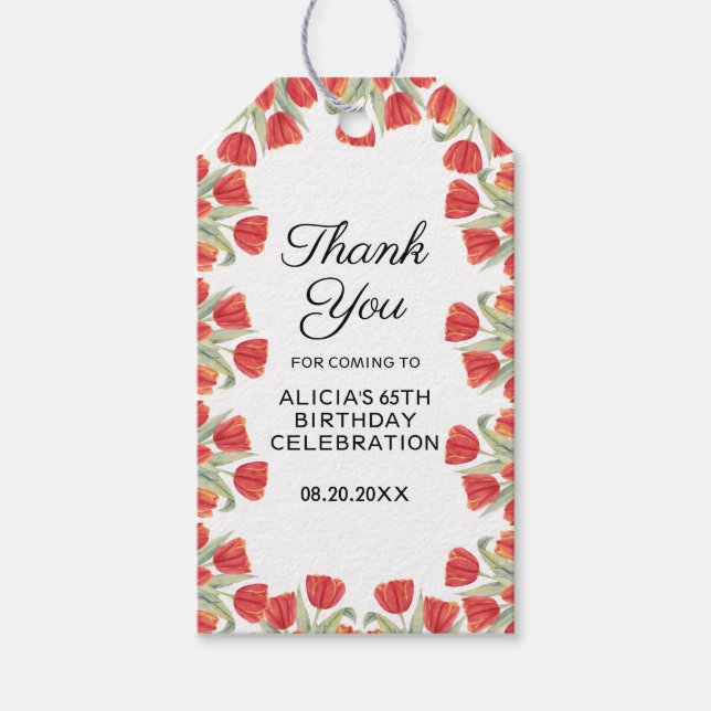Elegant Red Tulip Flower 65e Birdag Presentetikett (Framsidan)