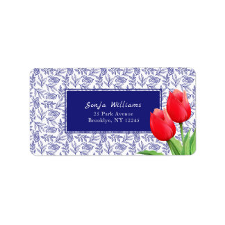 Elegant Red Tulips Vår Blommigt Blue Adressetikett