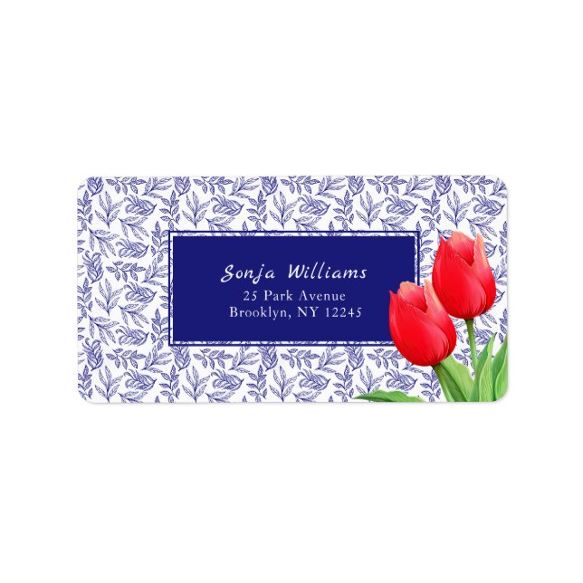 Elegant Red Tulips Vår Blommigt Blue Adressetikett (Framsidan)