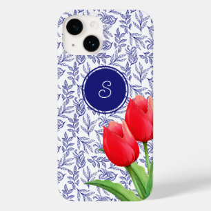 Elegant Red Tulips Vår Blommigt Blue Monogram