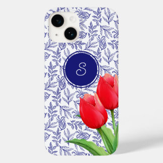 Elegant Red Tulips Vår Blommigt Blue Monogram
