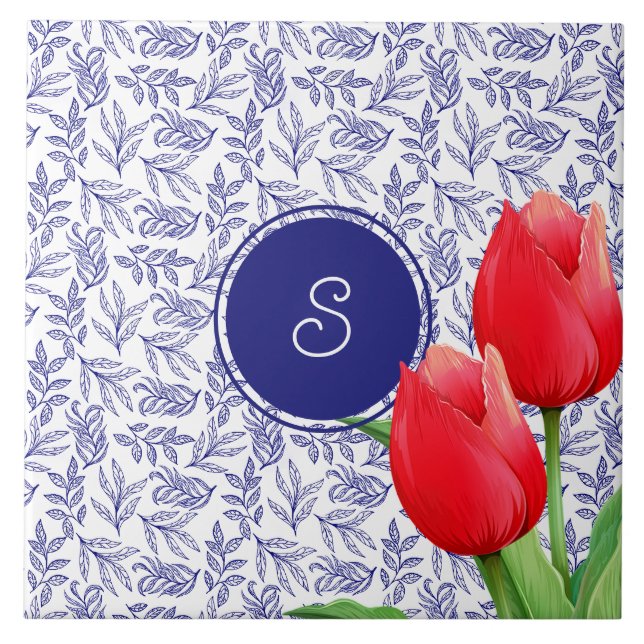 Elegant Red Tulips Vår Blommigt Blue Monogram Kakelplatta (Framsidan)