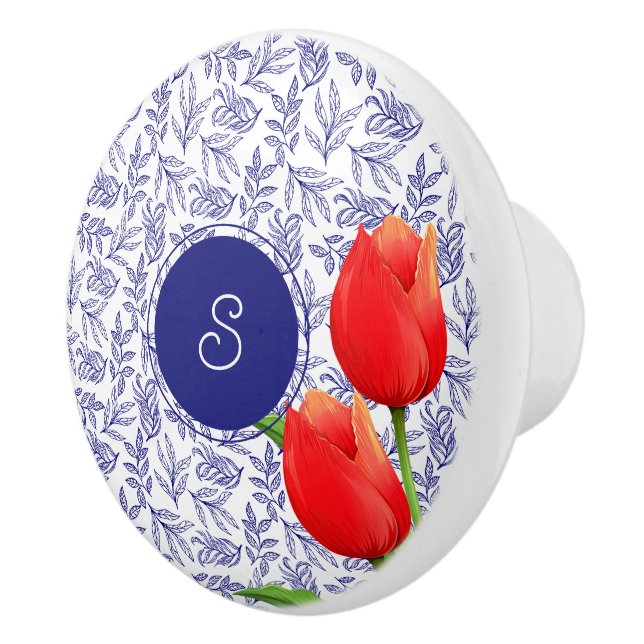 Elegant Red Tulips Vår Blommigt Blue Monogram Knopp (Höger)