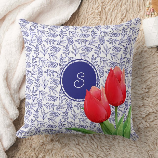 Elegant Red Tulips Vår Blommigt Blue Monogram Kudde (Filt)