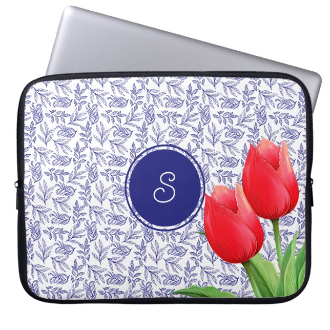 Elegant Red Tulips Vår Blommigt Blue Monogram Laptop Fodral (Framsidan)