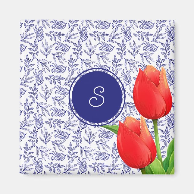 Elegant Red Tulips Vår Blommigt Blue Monogram Mag Magnet (Framsidan)