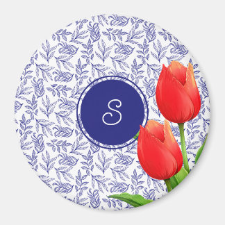 Elegant Red Tulips Vår Blommigt Blue Monogram Magnet