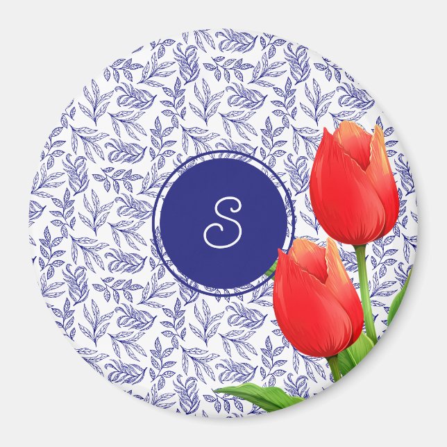 Elegant Red Tulips Vår Blommigt Blue Monogram Magnet (Framsidan)