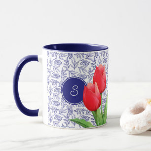 Elegant Red Tulips Vår Blommigt Blue Monogram Mugg