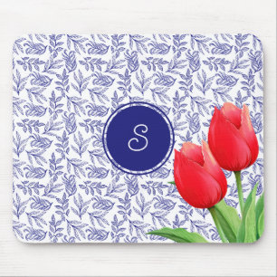 Elegant Red Tulips Vår Blommigt Blue Monogram Musmatta