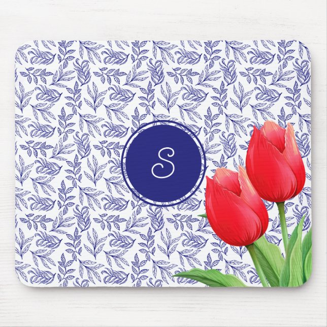 Elegant Red Tulips Vår Blommigt Blue Monogram Musmatta (Framsidan)