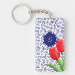 Elegant Red Tulips Vår Blommigt Blue Monogram Pla Nyckelring