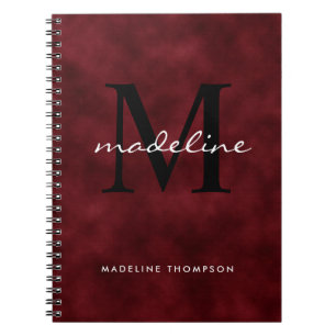 Elegant Red Velvet Script Black Monogram Anteckningsbok
