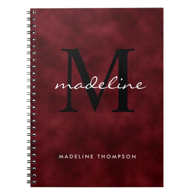Elegant Red Velvet Script Black Monogram Anteckningsbok (Framsidan)