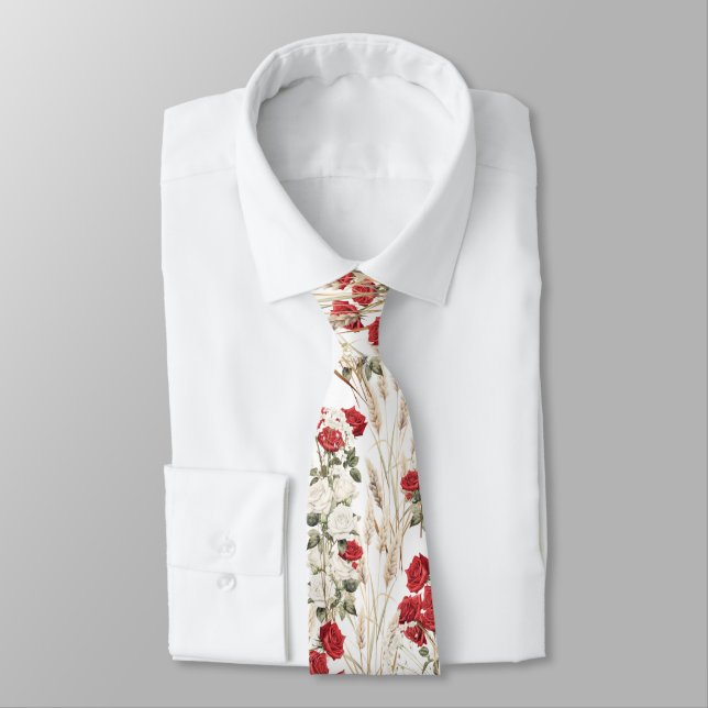 Elegant Red Vit ros Botanical Neck Tie Slips (Bunden)