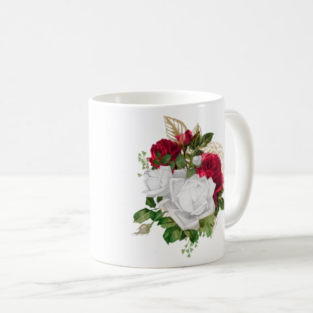 Elegant Red Vit ros Bouquet Namn Kaffemugg (Framsida höger)