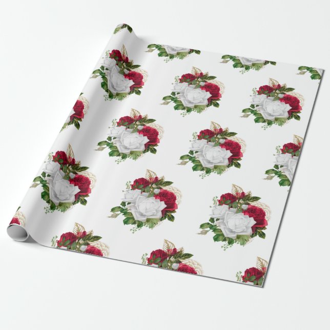 Elegant Red Vit ros Bouquet Presentpapper (Utrullad)