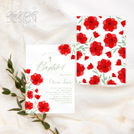Elegant Red Watercolor Poppy Blommigt Baptism Inbjudningar