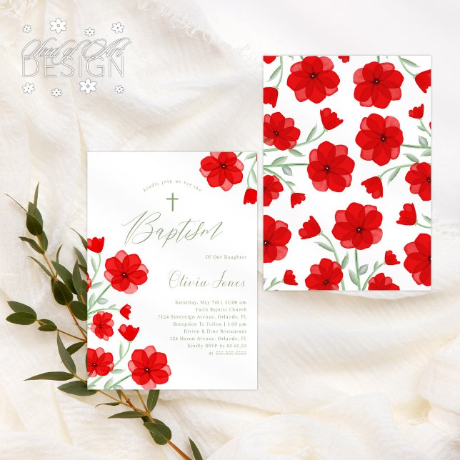 Elegant Red Watercolor Poppy Blommigt Baptism Inbjudningar (Skapare uppladdad)