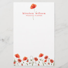 Elegant Red Watercolor Poppy Flowers Personlig Brevpapper