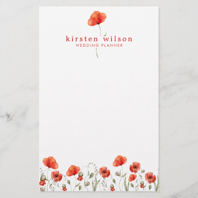 Elegant Red Watercolor Poppy Flowers Personlig Brevpapper (Framsida)
