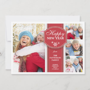 Elegant Red & White 4 Photo New Year Photocard Julkort
