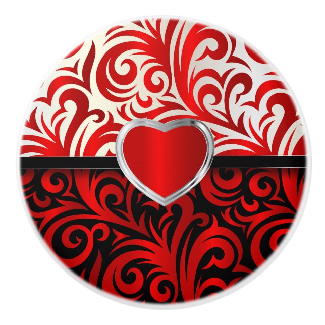 Elegant Red, White and Black Blommigt Swirls Knopp (Framsidan)
