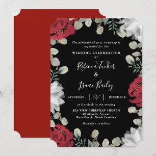 Elegant Red & White Blommigt Greenery Black Bröllo Inbjudningar