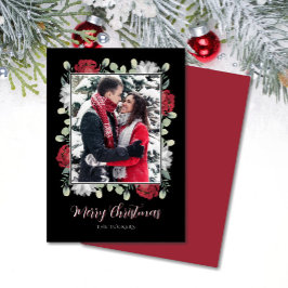 Elegant Red White-Blommigt på svart fotojul Julkort