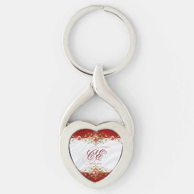 Elegant Red White Bröllop Monogram Twisted Heart Silverfärgad Nyckelring (Framsidan)