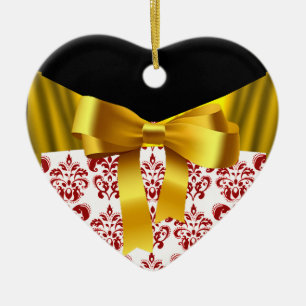 ELEGANT RED WHITE DAMASK GULD RIBBON MONOGRAM JULGRANSPRYDNAD KERAMIK