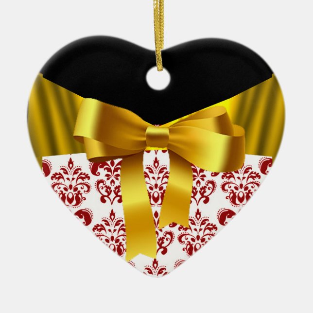 ELEGANT RED WHITE DAMASK GULD RIBBON MONOGRAM JULGRANSPRYDNAD KERAMIK (Framsidan)