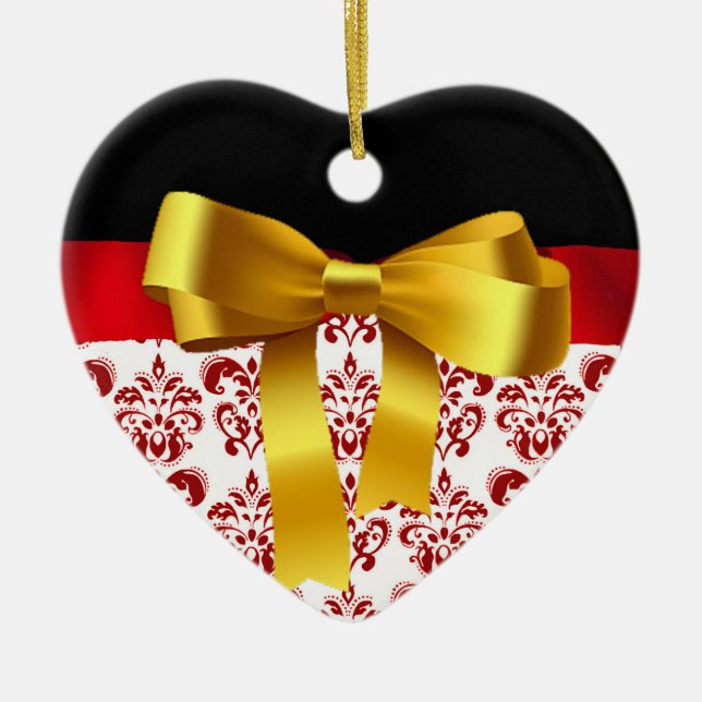 ELEGANT RED WHITE DAMASK GULT RIBBON MONOGRAM JULGRANSPRYDNAD KERAMIK (Framsidan)